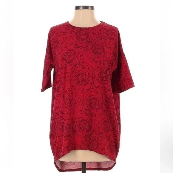 LuLaRoe Red Black Scribble Roses Irma Oversized Tunic Short Sleeve High Low XXS - Picture 1 of 2